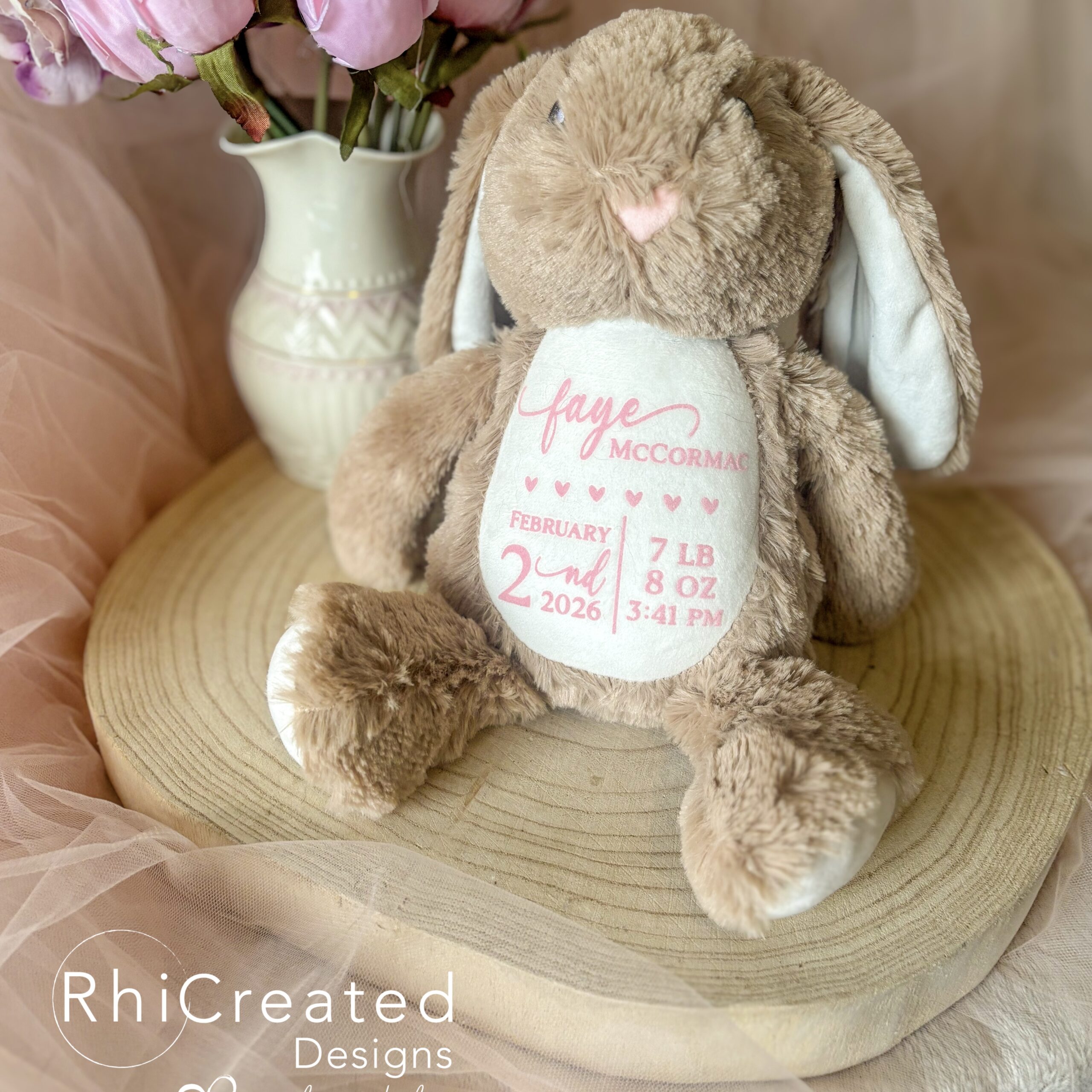 Personalised bunny rabbit teddy for a new born baby