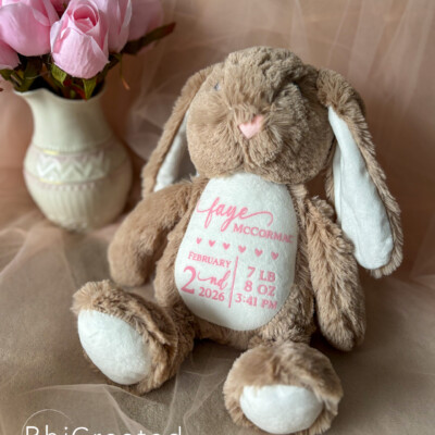Personalised New Baby Bunny in brown gift by RhiCreated Designs